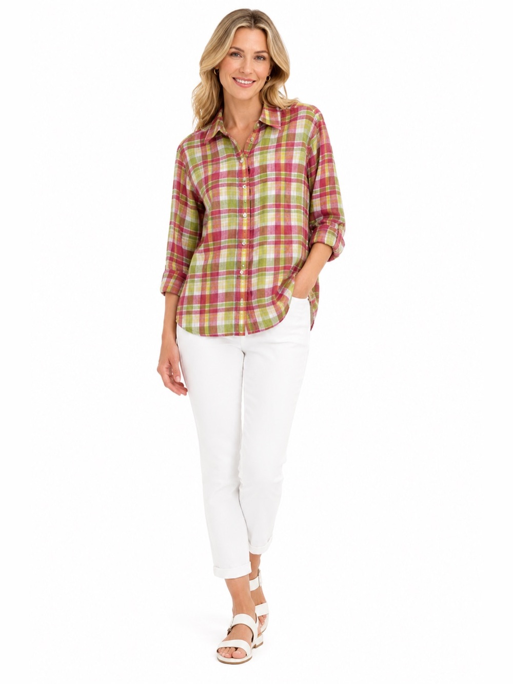 Jones New York Sport 100% Linen Button Blouse Plaid Orange Summer Tab Sleeve 1X